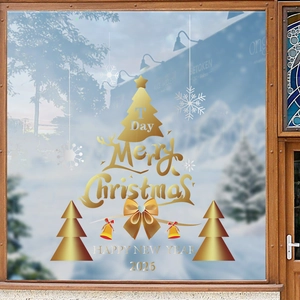 Golden Christmas tree snowflake static window clings for 2026 New Year festive glass decor