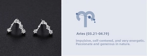 Detail of S999 silver Aries zodiac stud earring with sparkling cubic zirconia stones
