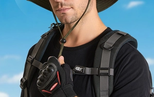 Outdoor sun hat with wind cord and black tactical gloves for hiking and fishing