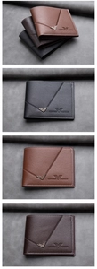 Three men's leather bifold wallets in black, dark brown, and light brown with V-buckle detail