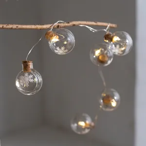 LED Christmas light string with snowflake glass globes on branches for festive decor