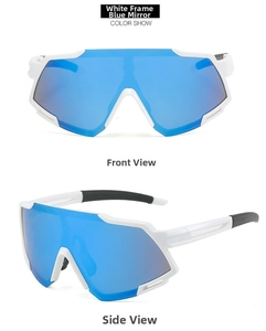 Front and side view of white frame sports sunglasses with blue mirrored lenses