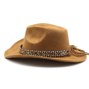 Classic tan suede cowboy hat with colorful woven band and stylish side tassels