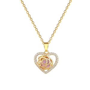Luxurious gold heart pendant necklace with rose design and sparkling crystals