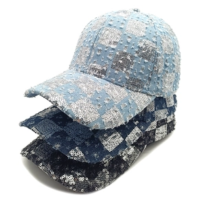Fashionable denim baseball cap with glitter sequins in light blue, dark blue and black