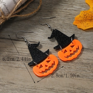 Halloween pumpkin earrings with black witch hat, acrylic jewelry, 2.44 inches long