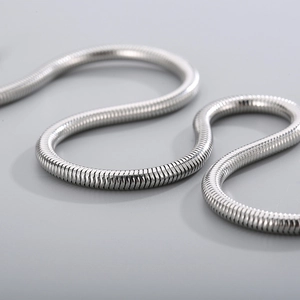 Polished silver stainless steel snake bone chain necklace in a fluid S-shaped curve