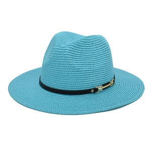 Light blue Panama straw hat for men and women with black leather band and gold buckle