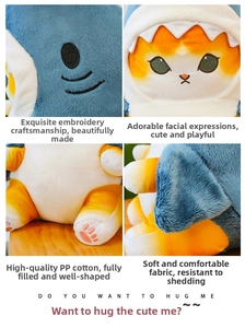 Detailed views of the embroidered facial features and plush texture of the shark cat doll