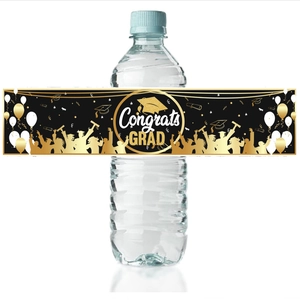 Étiquettes de bouteille d'eau graduation noir et or avec texte Congrats GRAD et motifs