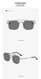 Detailed front and side views of silver steampunk polygonal sunglasses with grey lenses