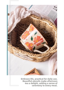 Close-up of vintage flower pattern and crackle glaze texture on ceramic mug