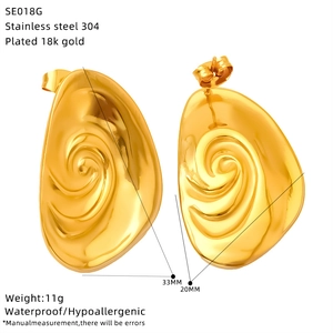 Detailed view of 18K gold plated stainless steel square earrings with dimensions 33x20mm