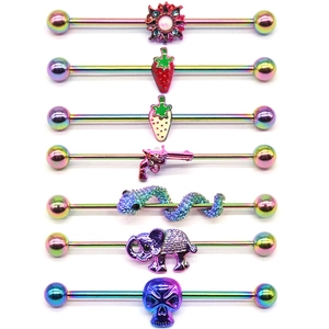 Boucle Oreille Industriel Barbell Acier Inoxydable 316L Arc En Ciel Anodisé Piercing Cartilage Serpent Fraise Crane Punk