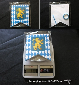 Detail of Oktoberfest Prost bunting with Bavarian blue check and lion crest packaging info