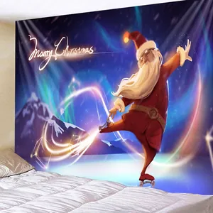 Detail van een kerstwandkleed met schaatsende kerstman in een slaapkamerdecor