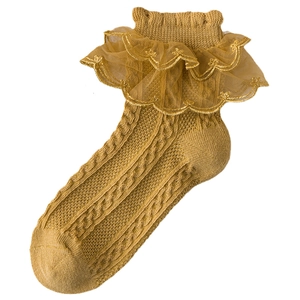 Mustard yellow knit cotton lace socks for girls with double-layered embroidery lace