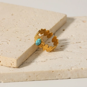 18K gold plated stainless steel open ring featuring a blue turquoise gemstone and leaf texture