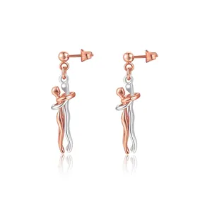 Abstract couple hug drop earrings in rose gold and silver finish with mirror reflection