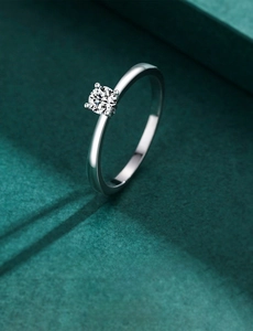 Macro detail of a 925 sterling silver ring featuring a classic four-prong solitaire setting
