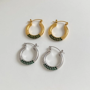 Bohemian C-shaped hoop earrings with green rhinestones in gold and silver finish