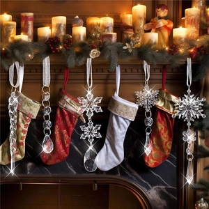 Sparkling crystal snowflake and icicle ornaments hanging on a festive Christmas mantel