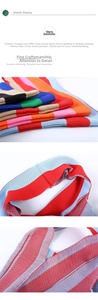Detailed macro view showing the sturdy double-stitched texture of the colorful knitted tote