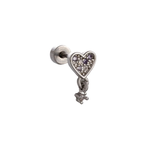 Silver heart stud earring with purple zircons and star pendant on a clean white background