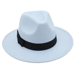 Detail of light blue vintage wool felt fedora with a black silk decorative ribbon band
