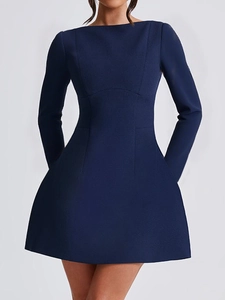 Elegant navy blue long sleeve A-line mini dress for women with a slim fit silhouette
