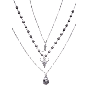 Three-layer retro silver necklace with cowboy hat, boots, and bull head skull pendants