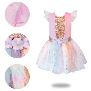 Girl's rainbow unicorn princess dress with tulle skirt and floral belt in bright pink colors