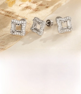 Detailed view of silver square zircon ear stud with titanium steel screw post specs