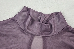 Detail of purple mesh turtleneck showing fine sheer fabric texture and collar stitching