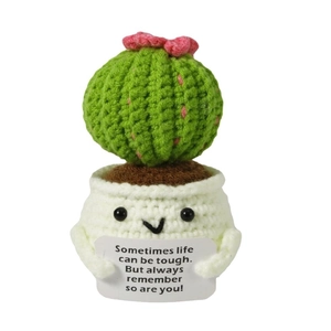 Handmade crochet emotional support cactus plant in white pot with positive quote card