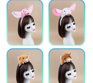 Pink and brown plush pig ears headbands for kids costumes and performances shown on models
