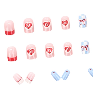 French checkerboard short press-on nails with blue pink patterns and red bows