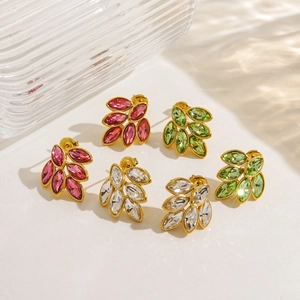 18K gold plated leaf earrings with pink, green and clear zircons in minimalist style