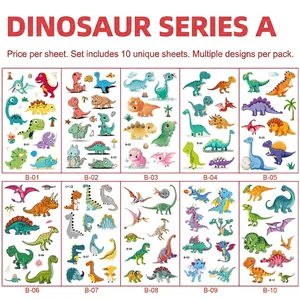 Set of 10 waterproof cartoon dinosaur temporary tattoos for kids with various designs