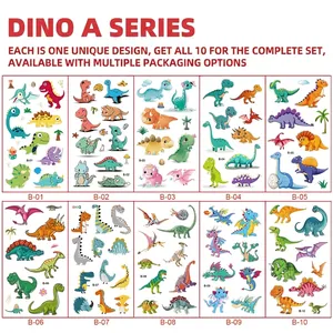 Set of 10 waterproof cartoon dinosaur temporary tattoos for kids with various designs