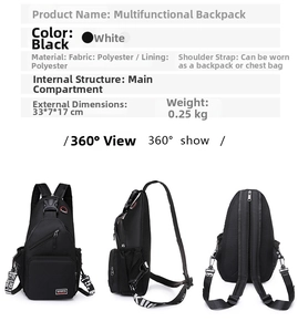 Tableau des dimensions et vues multiples du sac de poitrine en nylon noir de 33x7x17cm