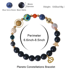 Solar system planet beads bracelet with 12 zodiac charms and adjustable volcanic stone strap
