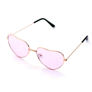 Detail of heart-shaped sunglasses with pink lenses and rose gold metal frame