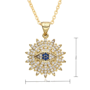 Macro detail of sunburst evil eye pendant measuring 17mm with blue and white zircons