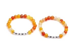 Minimalist yellow agate beaded bracelet set with MAMA and MOM letter charms for women