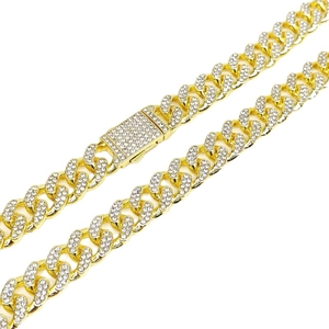 Luxury 12.5mm gold plated iced out Cuban link chain necklace with crystal rhinestones