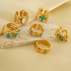 Retro 18k gold plated stainless steel rings with colorful malachite and gemstone inlays