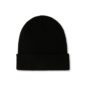 Close-up of black ribbed knit beanie featuring thick cuff and warm winter texture