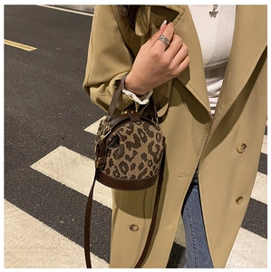 Outdoor street style shot of leopard print cylinder bag paired with a beige trench coat