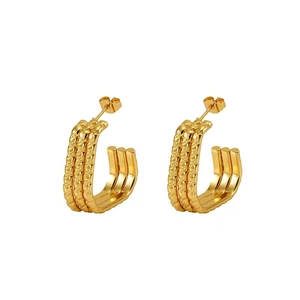 Three-layer gold titanium steel C-shape earrings with braided textures for women